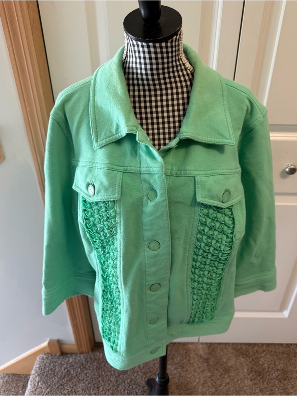 Isaac Mizrahi Spring Green Knit-Panel Jean Jacket